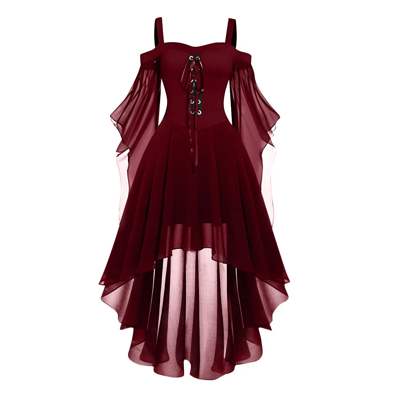 Halloween Witch Cosplay Costumes Women Casual Plus Size Cold Shoulder Dress Solid Color Chiffon Butterfly Sleeve Gothic Dress
