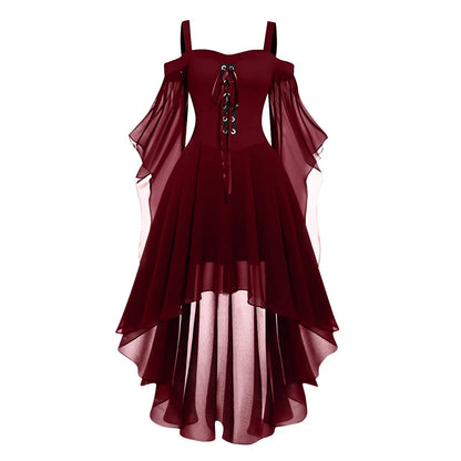 Halloween Witch Cosplay Costumes Women Casual Plus Size Cold Shoulder Dress Solid Color Chiffon Butterfly Sleeve Gothic Dress