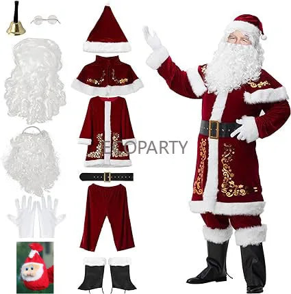 Ecoparty Santa Claus Costume Christmas 12pcs Deluxe Velvet Santa Suit for Adults Teenager Plus Size 6XL