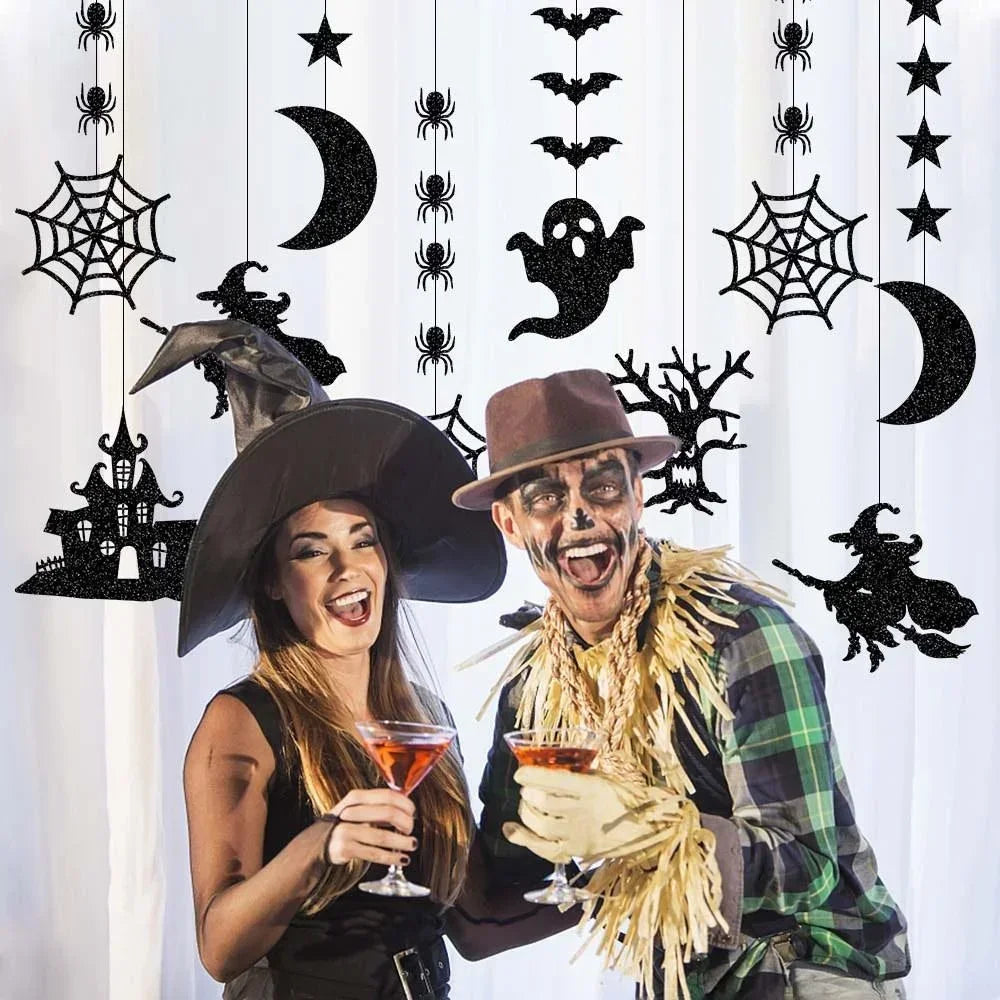 6pcs Halloween Hanging Banner Garland Scary Spider Witch Ghost Bat Pendant Ornament Happy Halloween Party Decorations for Home