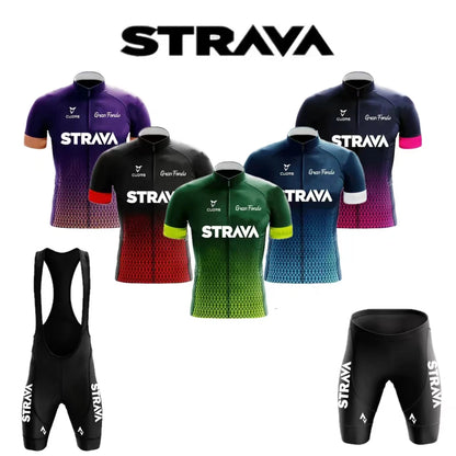 Strava Cycling Jersey Set Mens Bib Shorts Bicycle Short Sleeve Cycling Clothing Bike Maillot Ciclismo Hombre Black Sets For MTB