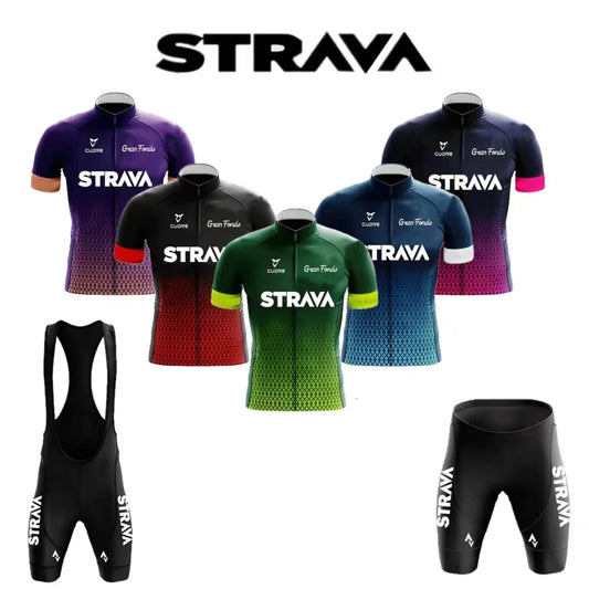 Strava Cycling Jersey Set Mens Bib Shorts Bicycle Short Sleeve Cycling Clothing Bike Maillot Ciclismo Hombre Black Sets For MTB