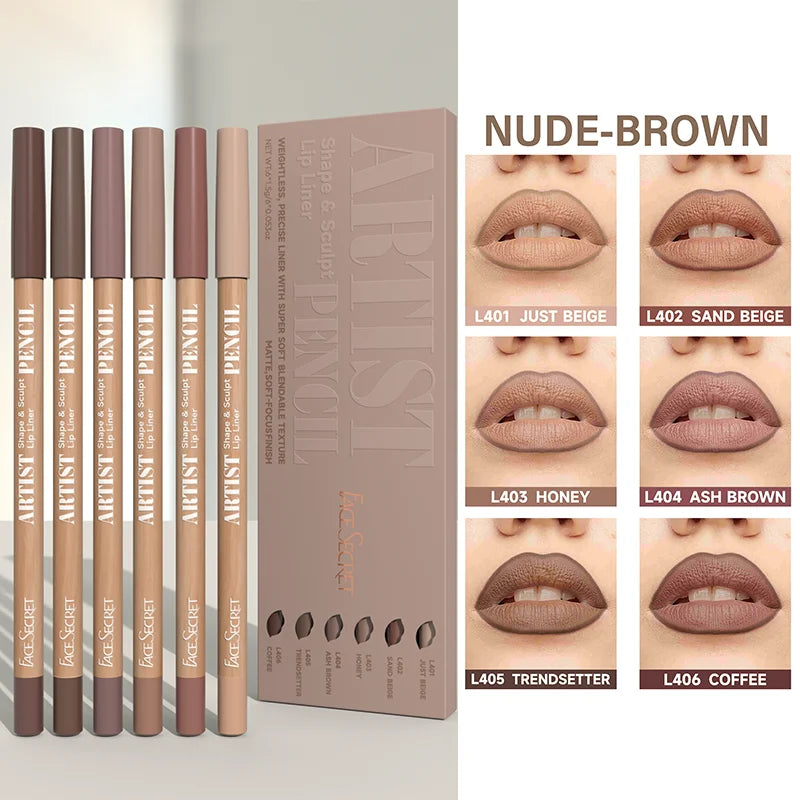 6pcs Face Secret Lip Liner Pencil Set,Ultra-Fine,Smooth Long Lasting Waterproof Matte Velvet,Brown Mixed Color
