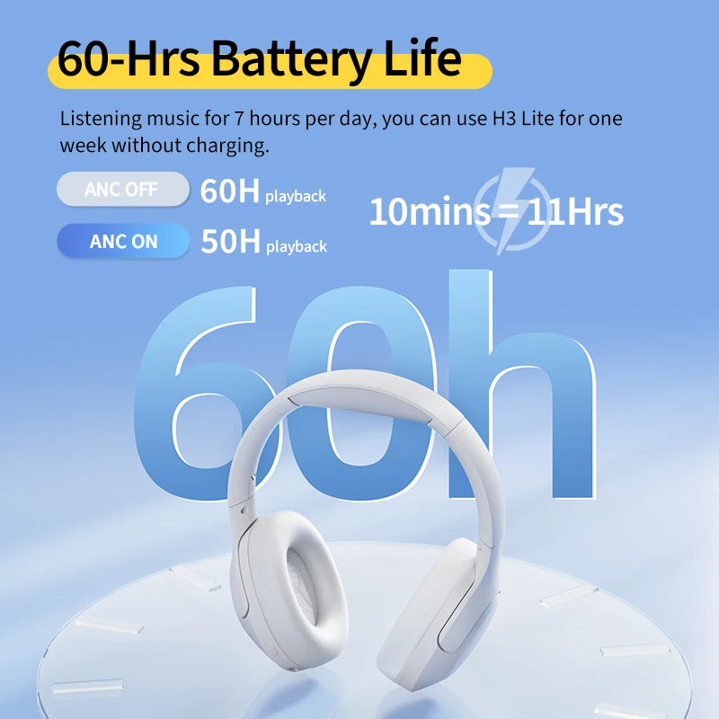QCY H3 Lite ANC Wireless/Wired Headphones Bluetooth 5.3 Foldable Over Ear Headset HIFI Sound 60H Playtime Earphones Dual Connect
