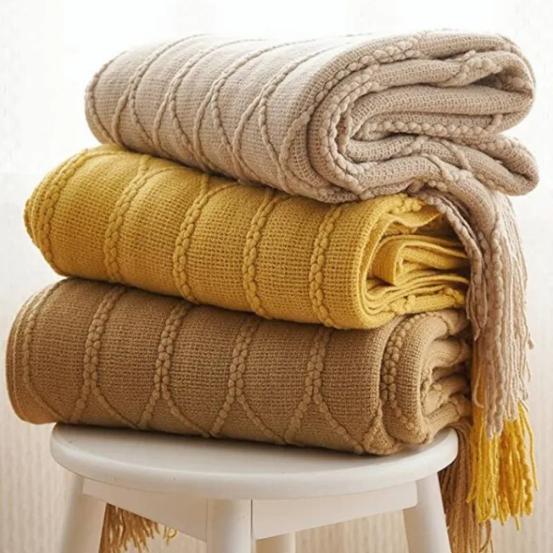 Khaki Gift Knitted Blanket with Tassels Chunky Vintage Luxury Farmhouse Throw Bedspread Oversized Blanket Cover Manta Para Sofá