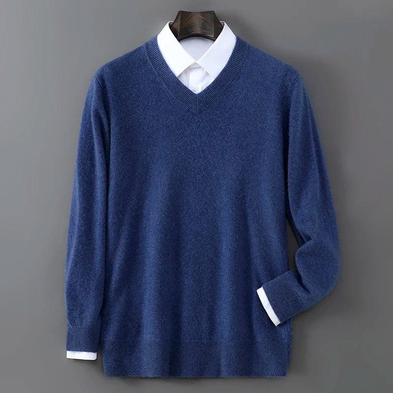 V-Neck Men's 100% Pure Wool Pullover Knitted Sweater, Business Casual Solid Color Simple Long Sleeved Fashionable Loose Warm Top