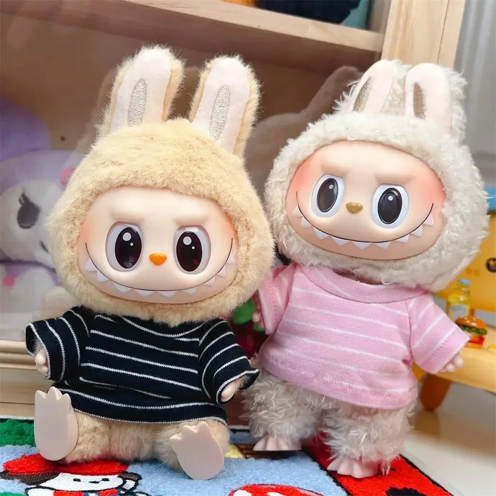 Doll'S Clothes Outfit Accessories For 15-17cm Labubu and 10cm cotton doll Solid color stripes T-shirt top short pants Clothing