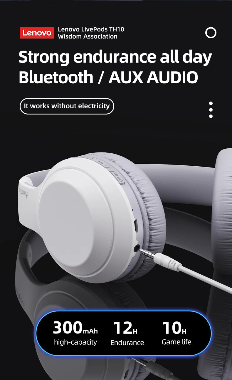 Lenovo TH10 Wireless Bluetooth Headset HIFI Stereo Earphones Foldable Over Ear Earbuds Sports Game Headphones with Microphone