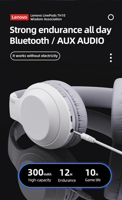 Lenovo TH10 Wireless Bluetooth Headset HIFI Stereo Earphones Foldable Over Ear Earbuds Sports Game Headphones with Microphone