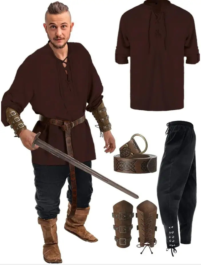 Retro Vintage Medieval Renaissance Pants Outfits Waist Belt Shirt Arm Guards Pirate Men's Cosplay Costume Halloween