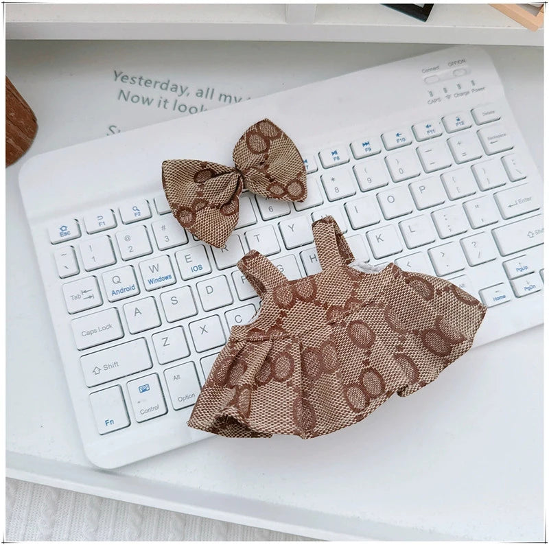 17cm For Labubu Doll Clothing Skirt Bowhair Accessory Set Retro Bib Pants Clothes Luxury Messenger Bag Shoes Set Sitting Party