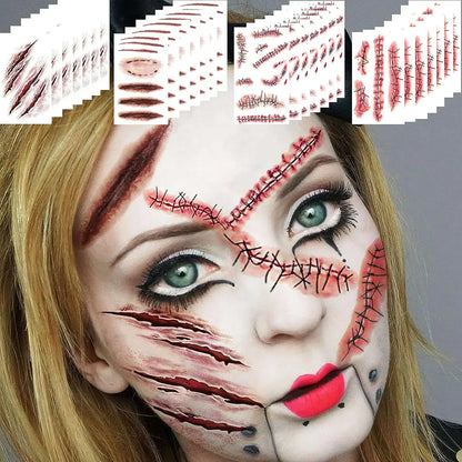 Halloween Temporary Scar Tattoos Sticker Realistic Bloody Wound Scab Body Face Decals for Makeup Masquerade Cosplay Party Prop