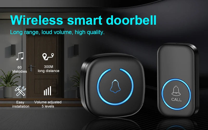 Wireless Doorbell Intelligent Welcome Door Bell 300M/984 FT Remote 60 Songs Melodies Home Smart Doorbell US EU UK Plug Optional