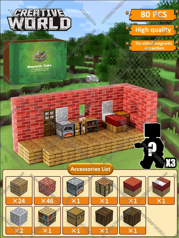 Magnetic Building Blocks Mine World Magnet Cube Set for Boy Girl Kid Age 3+ DIY Model Children STEM Educational Sensory Toy