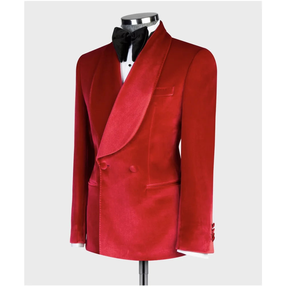 Luxury Red Velvet Smoking Men Suits Shawl Lapel Jackets Pant Set Wedding Party Prom Suit Formal Tuxedos 2 Pieces Blazer Sets