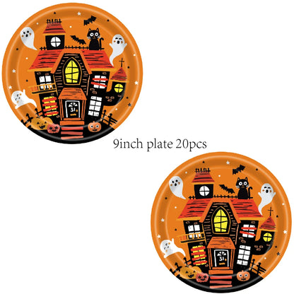 Halloween Disposable Party Tableware Set Pumpkin Witch Paper Plate Cup Napkins Tablecloth Kids Favor Happy Halloween Party Decor