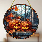 2D Halloween pumpkin circular acrylic sign, suitable for windows, porches, classrooms, courtyards, Halloween decorations, gifts