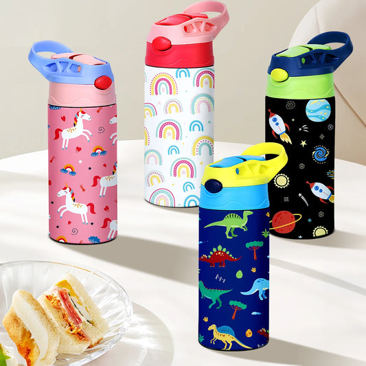 12OZ/350ml Cartoon Pattern Thermos Cup Stainless Steel Insulated Bottle Children Thermos Kettle Outdoor Portable Handheld Cup
