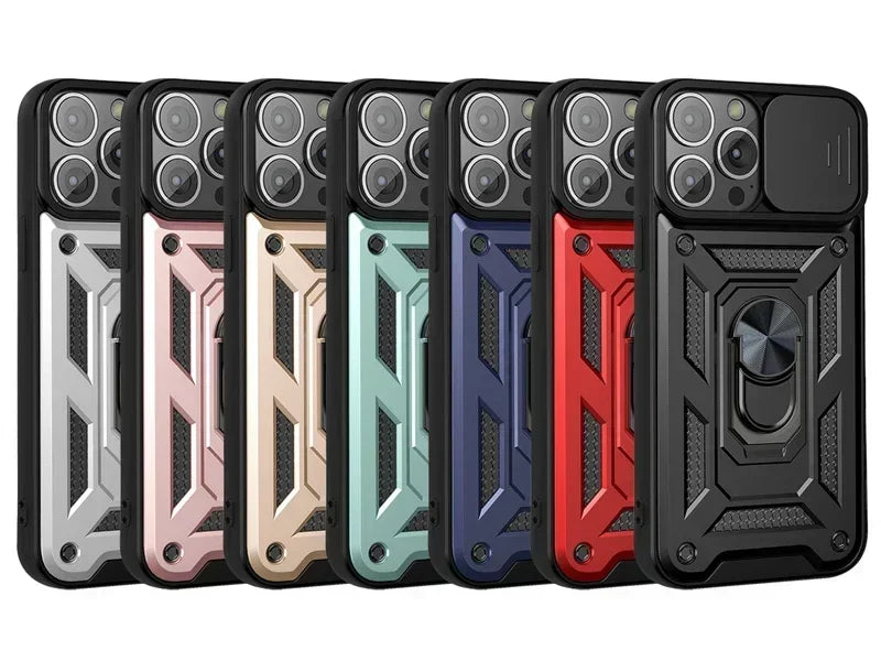 Luxury Slide Camera Lens Protection Armor Case for iPhone 17 16 15 14 Plus 13 12 Pro Max Military Grade Bumpers Metal Ring Cover