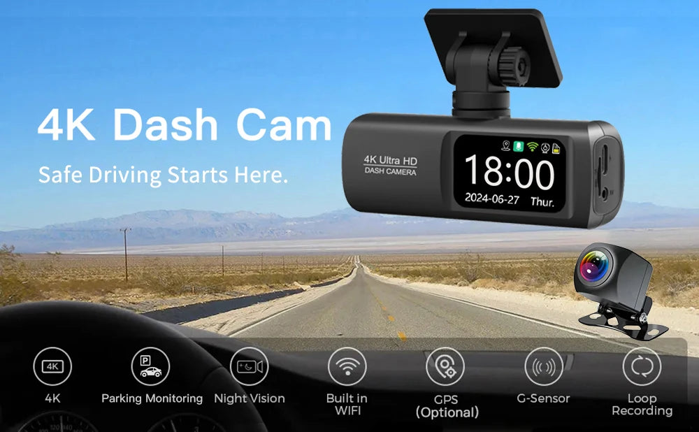 UHD 4K WiFi Dash Cam Dual Lens Driving Recorder Car DVR Optional 1080P Rear Lens Camera GPS 24H Parking Monitoring Black Box