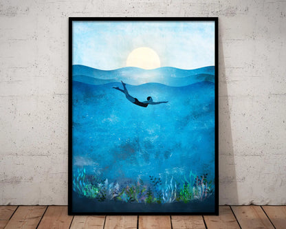 Blue Ocean Canvas Prints Minimalist Nautical Wall Art Wild Swimming Whales Seascape Poster Surfer Waves Picture Home Decor