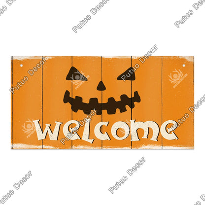 Putuo Decor Halloween Wooden Hanging Pendant Door Sign Pumpkin Ghost Bat Swith Greeting Doorplate Wood Crafts Happy Halloween Da
