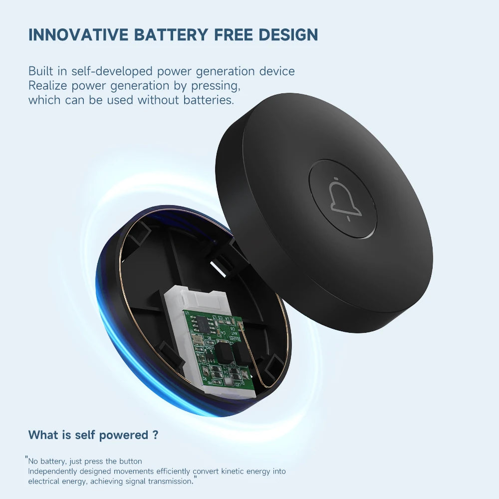Circular Black Self Powered Wireless Doorbell AC 110v 220v US/EU Plug With 60 Rings Waterproof Long-Distance Kinetic Door Bell