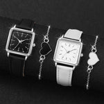 2/4PCS Fashion Square Women's Watch Leather Band Quartz Watches Heart Bracelet Set（Without Box）
