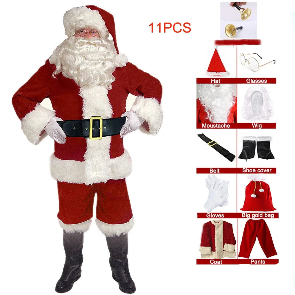 New Red Deluxe Velvet Fancy Dress Up Party Man Stage Costume Xmas Santa Claus Suit Adult Oversize Christmas Cosplay Costume