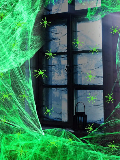 Glow-In-The-Dark Spider Web Set with Spiders, Fluorescent Expandable Spider Web for Halloween Decoration Indoor Outdoor Party