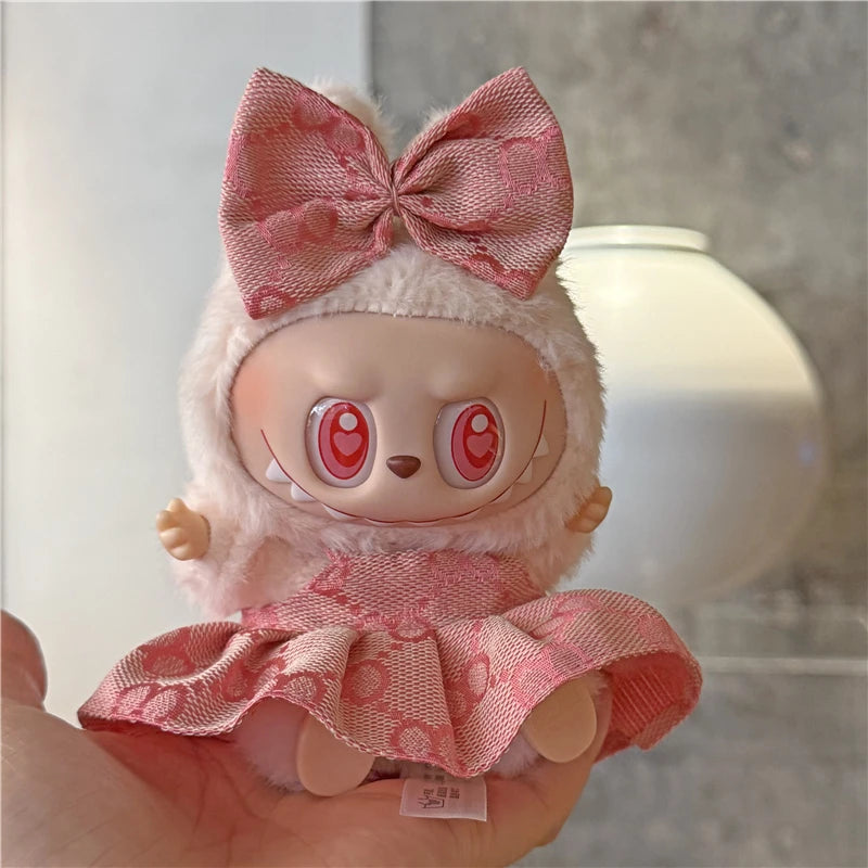 17cm For Labubu Doll Clothing Skirt Bowhair Accessory Set Retro Bib Pants Clothes Luxury Messenger Bag Shoes Set Sitting Party