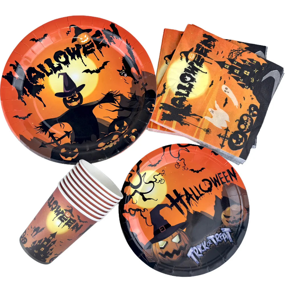 Halloween Disposable Tableware Orange Black Pumpkin Themed Paper Plate Cup Napkin Spooky Themed Decors Halloween Party Supplies