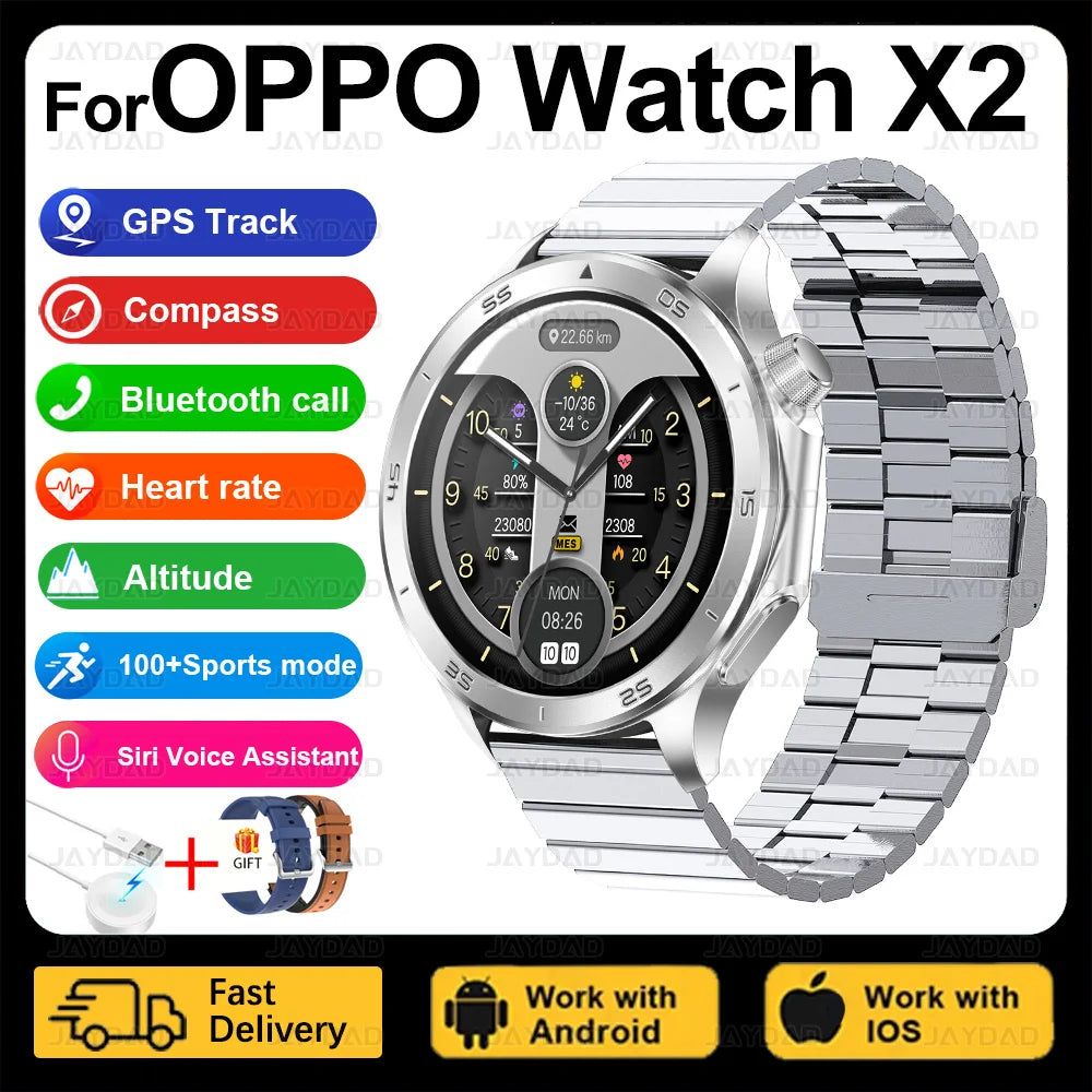 2025 New For OPPO Watch X2 Smart Watch Men AMOLED Outdoor Fashion GPS Compass Heart rate Waterproof Bluetooth Call Smartwatches