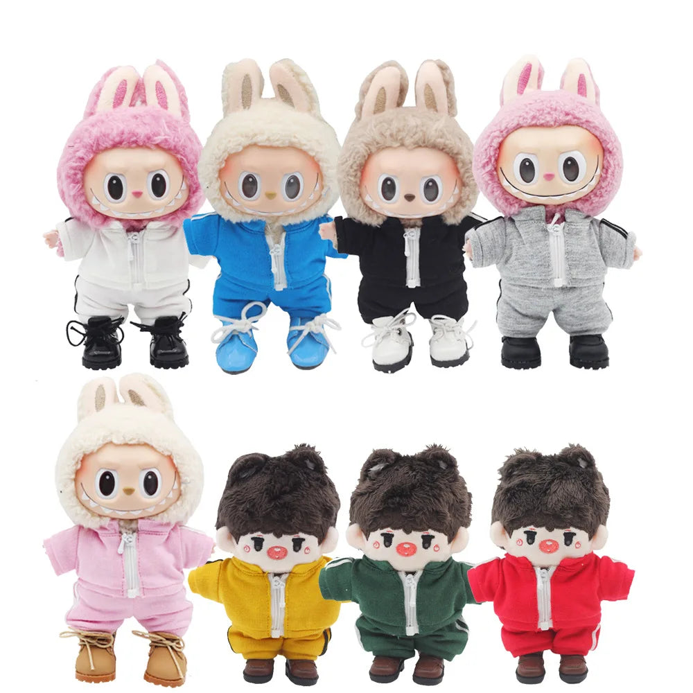 17cm Labubu Doll Clothes Set Solid Color Hoodie Sweatshirt and Pants Outfit for DIY Doll Dressing Gift for Toy Collectors
