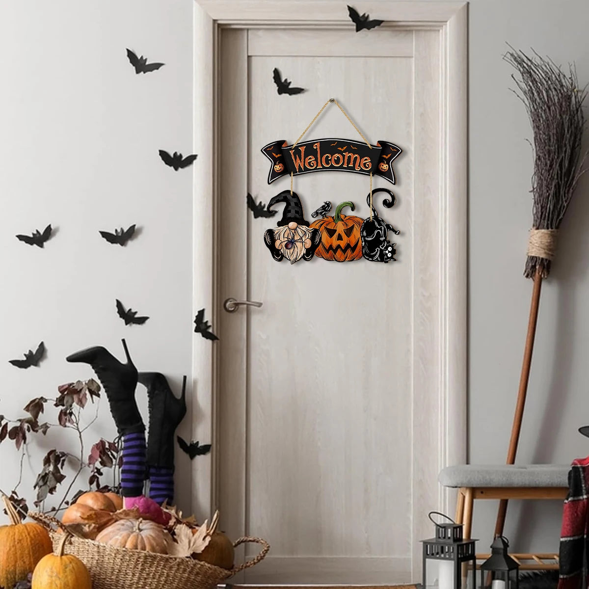 Halloween Welcome Sign Decor with Gnome, Pumpkin, Black Cat and Bats - Festive Door Hanger