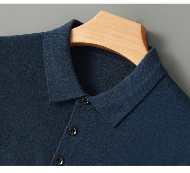 Spring Autumn Collar Long Sleeve Men's Wool Sweater Solid Color Collar Polo Sweater High end Thin Hooded Business Casual Sweater