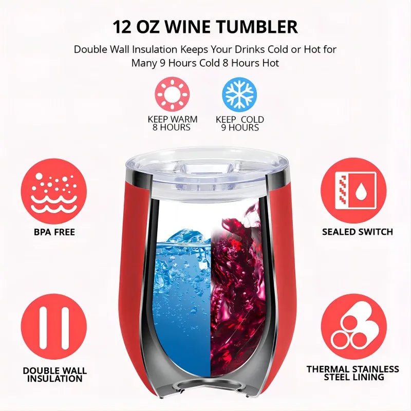 KUUJOJO 12 oz Wine Glass with Lid Stemless Wine Glass Double Walled Vacuum Travel Mug Stainless Steel Coffee Mug