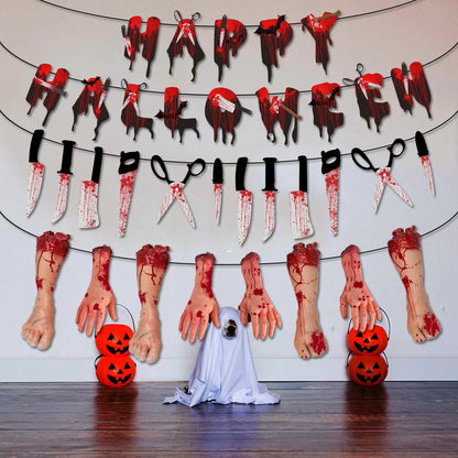 Halloween Terror Banner Blood Hand Foot Knife Skeleton Horror Flag Pulling Ghost Festival Decor Happy Halloween Party Decor
