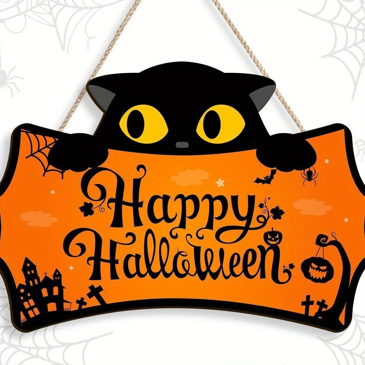 Halloween Decorations Peeping Black Cat Wooden Holiday With Rope Hanging Sign Holiday Dress Up Porch Hanging Ornaments