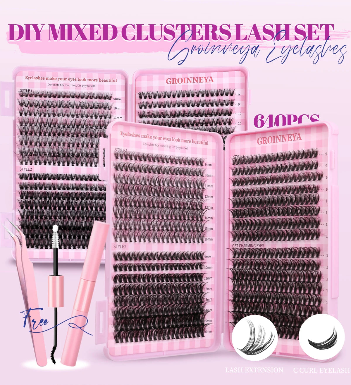 GROINNEYA DIY Lash Clusters Set Mixed Tray Lashes Kit Fluffy Individual Lashes Extension with Lash Bond and Seal At Home Makeup