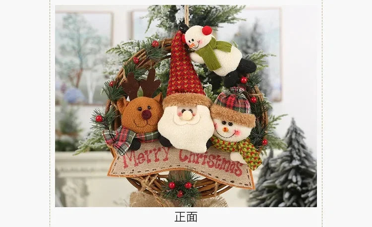 Christmas Vine Ring Wreath Cartoon Santa Claus Elk Snowman Rattan Xmas Wreath Hanging Pendant Noel Navidad Merry Christmas Decor