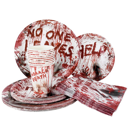 Halloween Party Disposable Tableware Scary Bloody Handprint Paper Plates Cups Popcorn Box For Halloween Horror Party Decor Props
