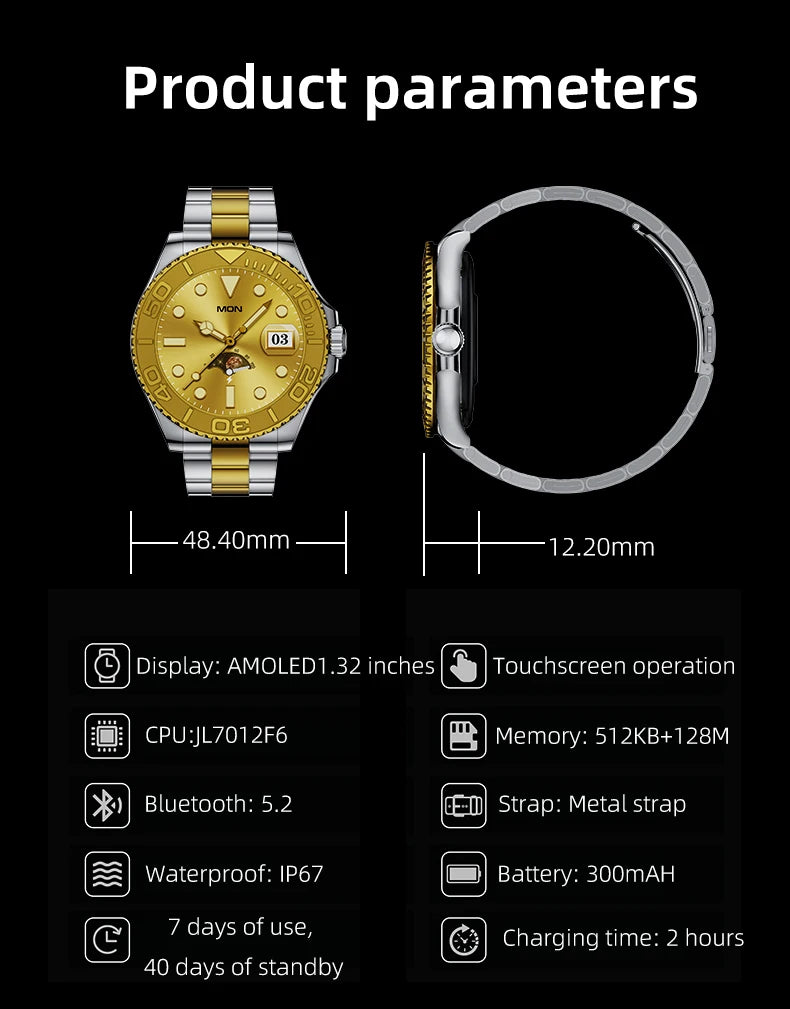 Aiweile AW46 Smartwatch Smart Watch Man 1.32 Inch HD AMOLED Screen Sports Modes Bluetooth Call for Android Yacht Range Master