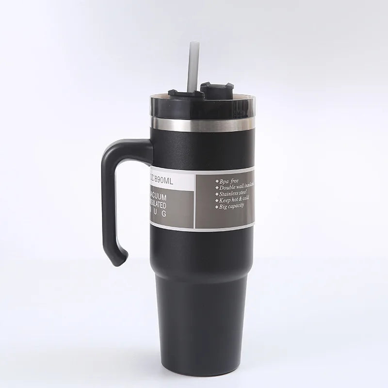 20oz/30oz Stainless Steel Car Thermos Bottle Travel Sports Water Bottle Large Capacity with Handle Straw Mug Outdoor Coffee Cup