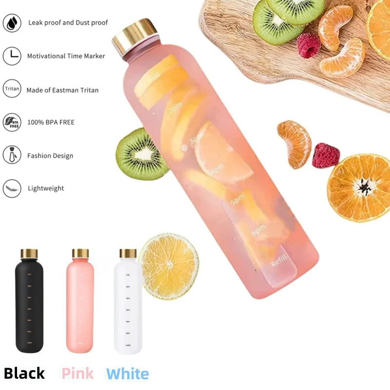 1000ML Bottle With Time Marker Motivational Reusable Fitness Sports Outdoors Travel Cycling Leakproof BPA Free Frosted Bottle