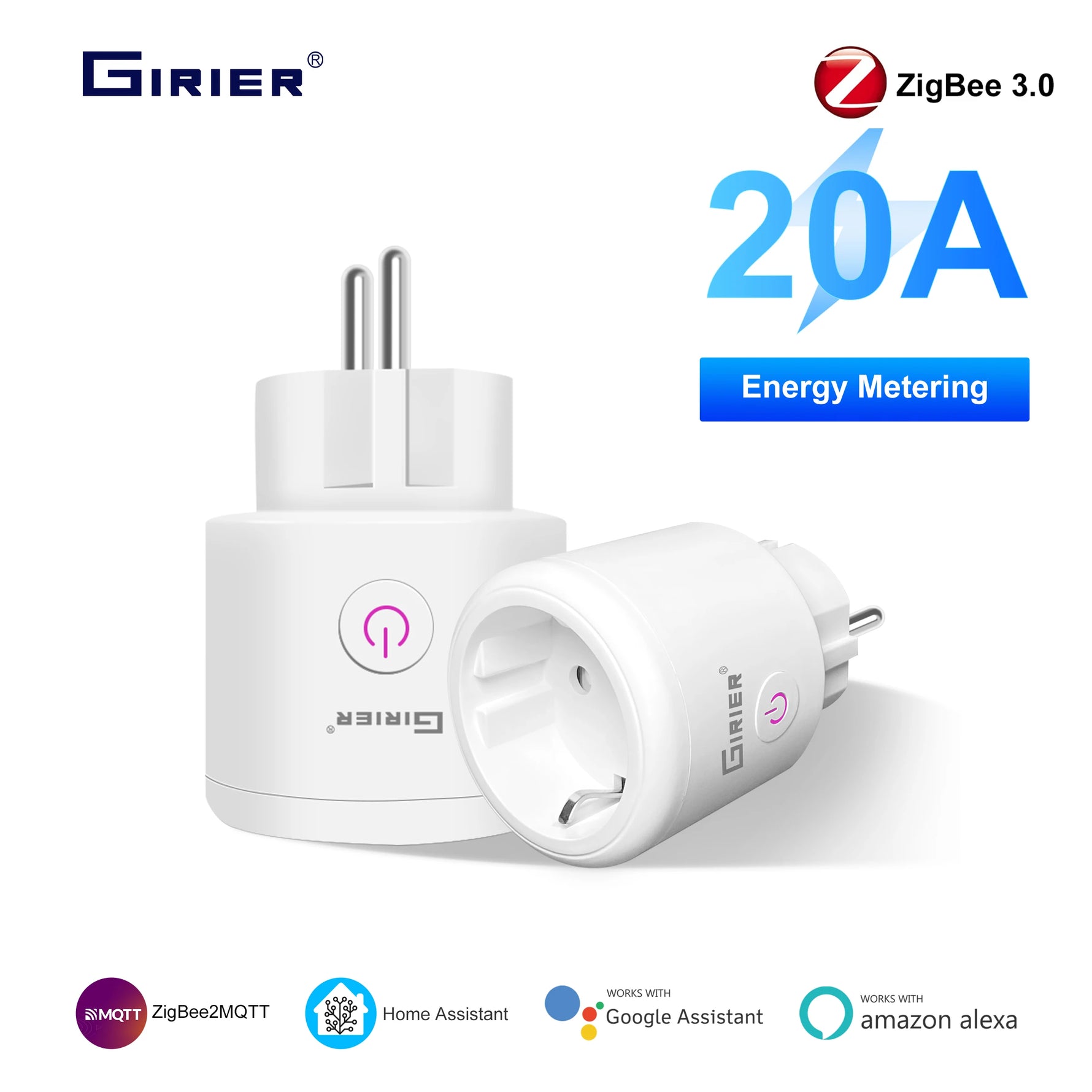 GIRIER Smart Plug ZigBee 20A Smart Home Outlet Socket EU 4200W with Power Monitor Function Supports Alexa Google Home Assistant