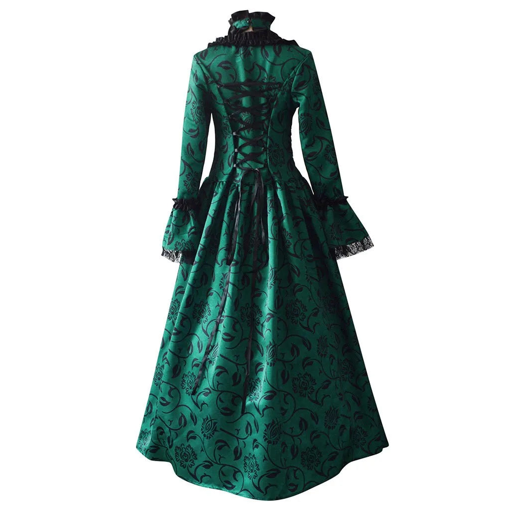 Women Vintage Exquisite Dress Gothic Retro Floral Print Ball Gowns Dress Medieval Renaissance Court Dress Halloween Costume
