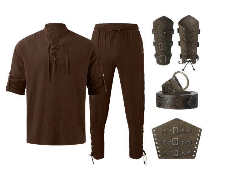 Retro Vintage Medieval Renaissance Pants Outfits Waist Belt Shirt Arm Guards Pirate Men's Cosplay Costume Halloween