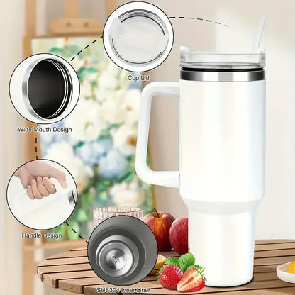 40oz Stainless Steel Car Cup Large Capacity Water Cup with Handle and Straw Double-walled Insulated Travel Mug Holiday Gifts