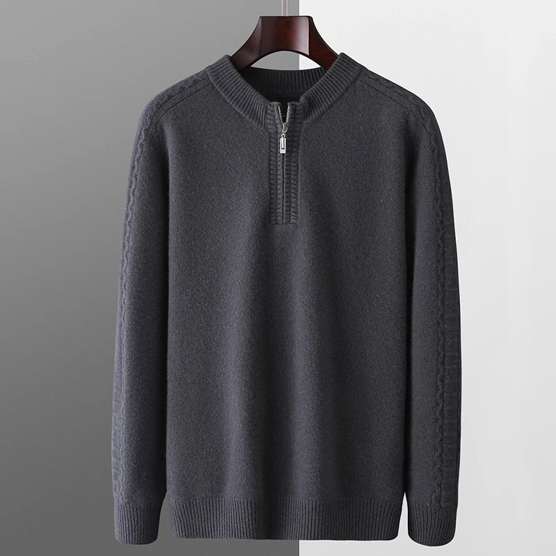 100% pure wool sweater round neck men's thick solid color long sleeved pullover sweater zipper wool knit winter cashmere sweater
